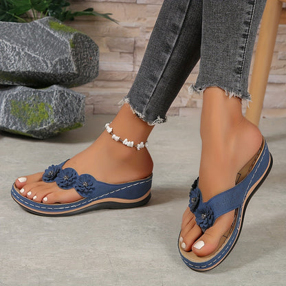 Penny - Boho Women's Orthopedic Wedge Flip Flop Sandals with Flower Detail and Cushioned Platform