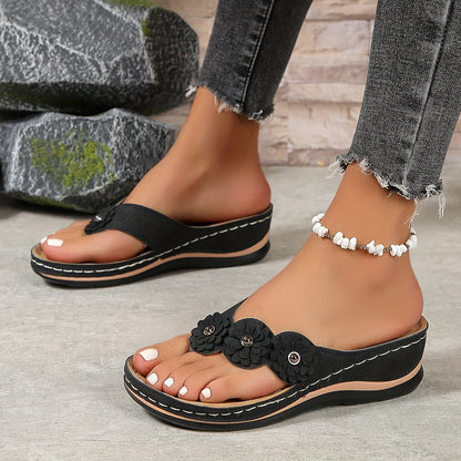 Penny - Boho Women's Orthopedic Wedge Flip Flop Sandals with Flower Detail and Cushioned Platform