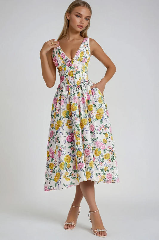 Penny - Elegant Women's Wedding Guest Midi Dress with Deep V Neck and Floral Print