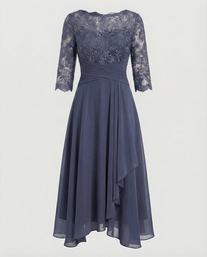Persephone - Formal Women's Wedding Guest Dress with Scalloped Neckline and Draped Skirt
