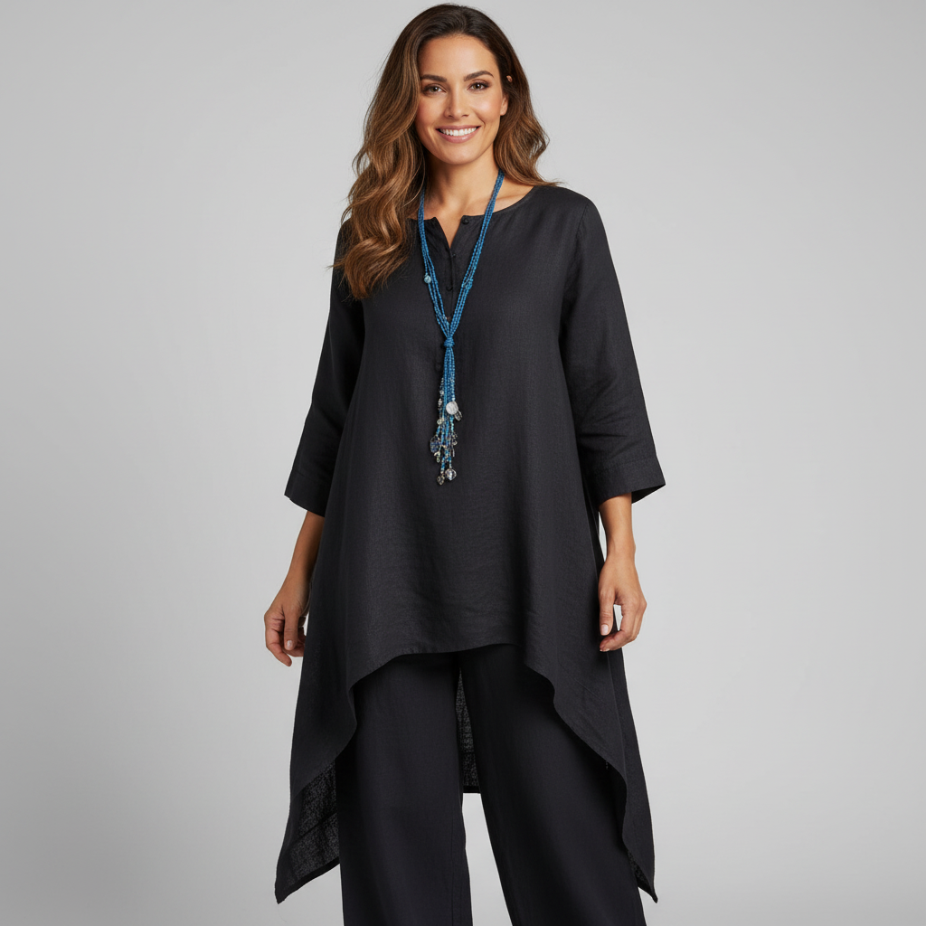 Phoebe - Boho Women's Linen Set with Asymmetric High-Low Tunic and Trousers