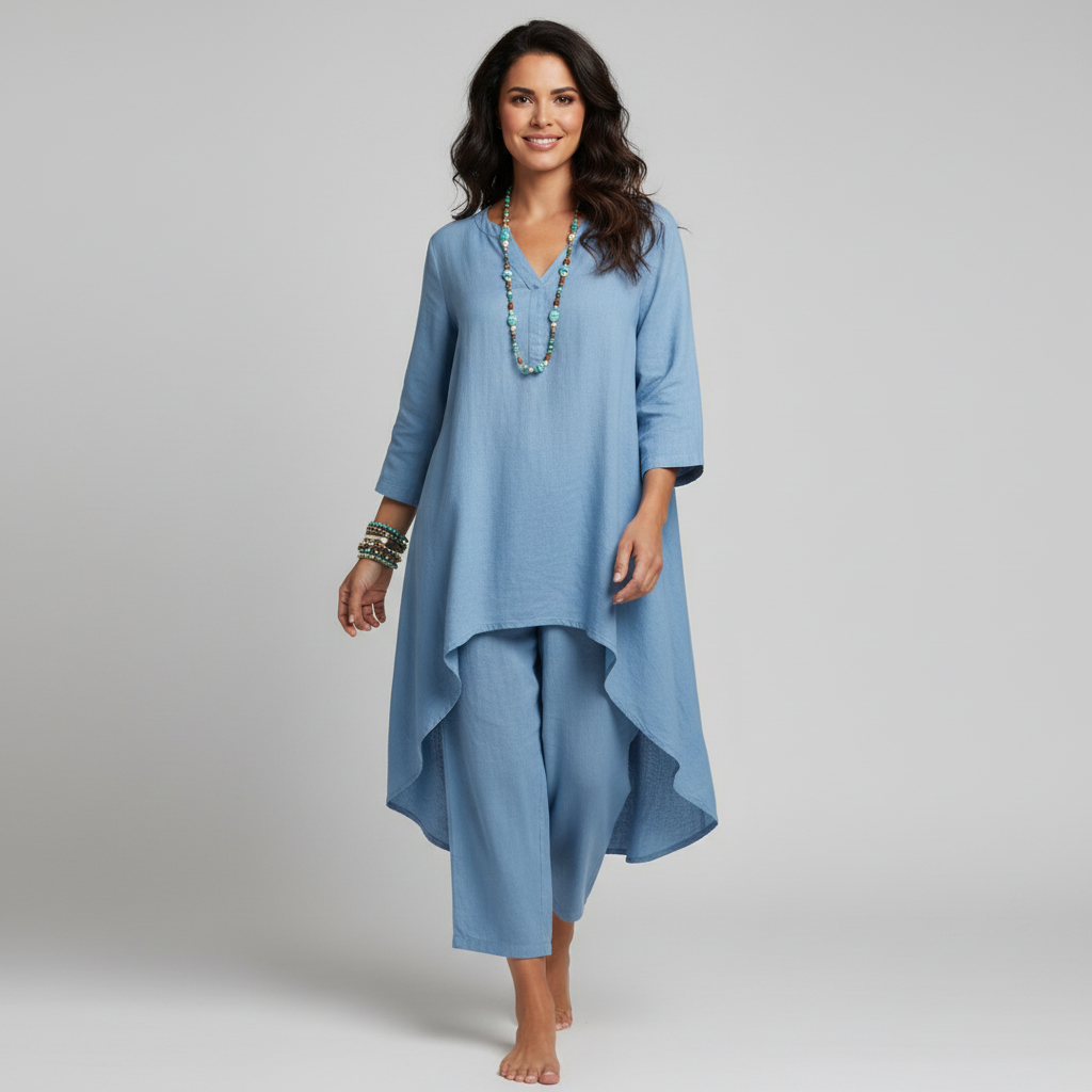 Phoebe - Boho Women's Linen Set with Asymmetric High-Low Tunic and Trousers