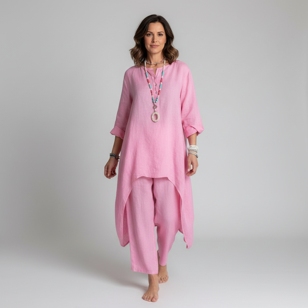 Phoebe - Boho Women's Linen Set with Asymmetric High-Low Tunic and Trousers