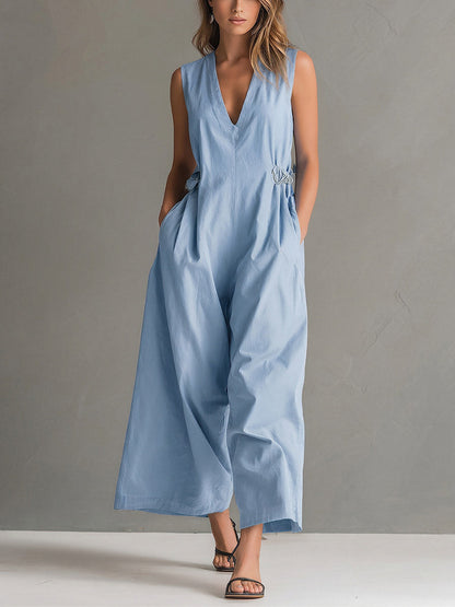 Phoebe - Smart Women's Linen Jumpsuit with V-Neck and Side Knot Detail