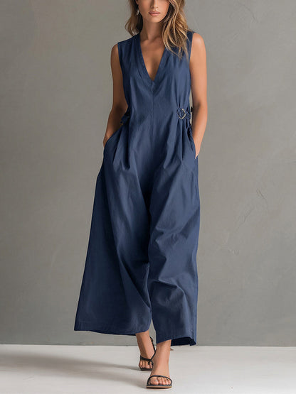 Phoebe - Smart Women's Linen Jumpsuit with V-Neck and Side Knot Detail