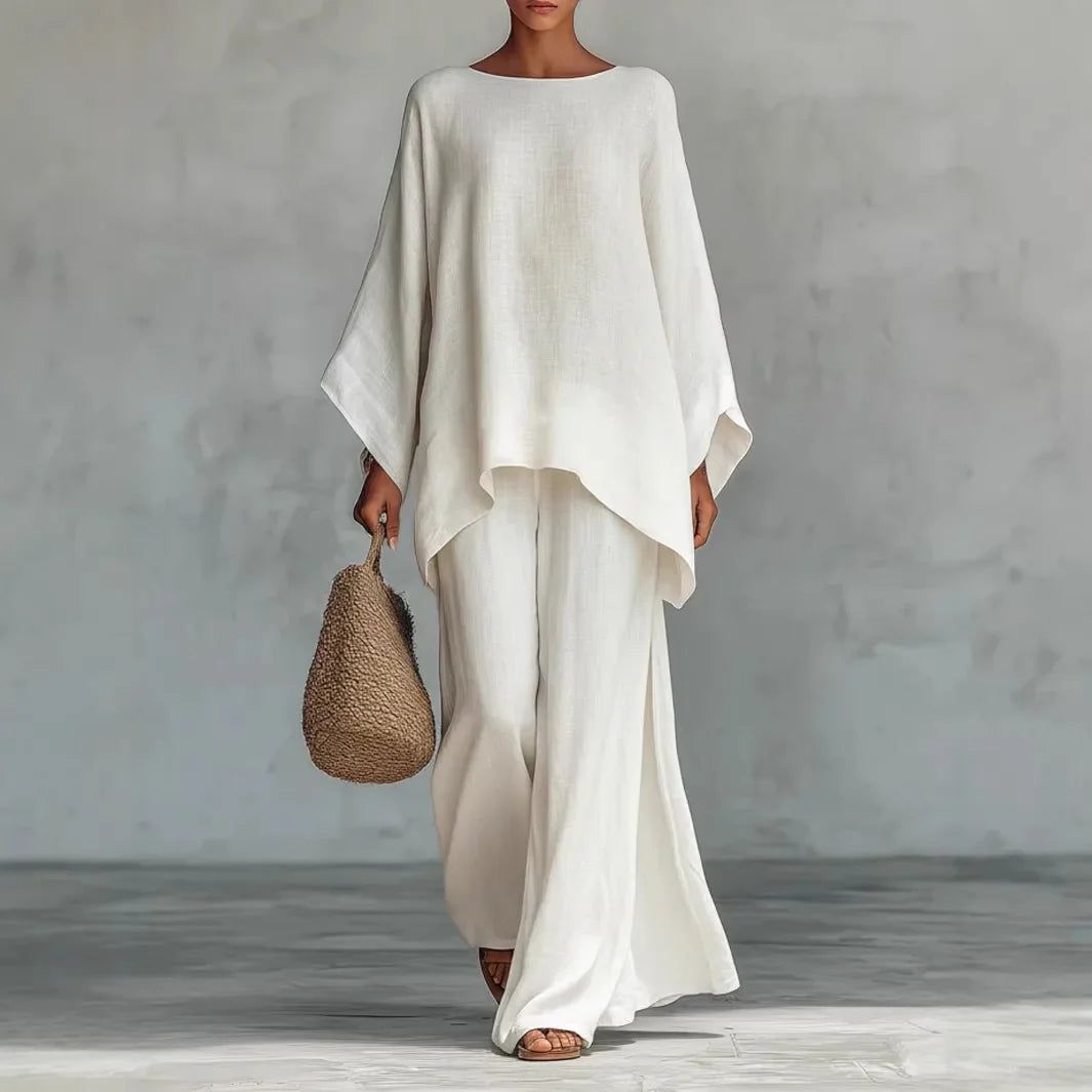 Poppy - Elegant Women's Linen Two-Piece Set with Batwing Top and Wide-Leg Trousers