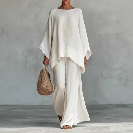 Poppy - Elegant Women's Linen Two-Piece Set with Batwing Top and Wide-Leg Trousers