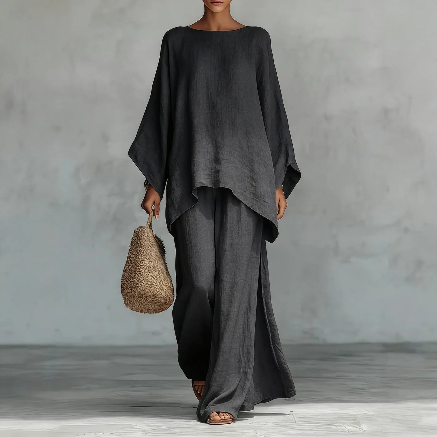 Poppy - Elegant Women's Linen Two-Piece Set with Batwing Top and Wide-Leg Trousers