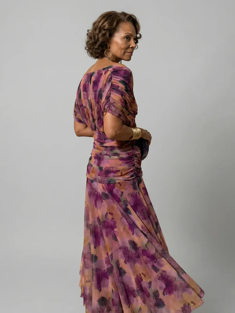 Poppy - Elegant Women's Summer Maxi Dress with V-Neck and Ruched Detail