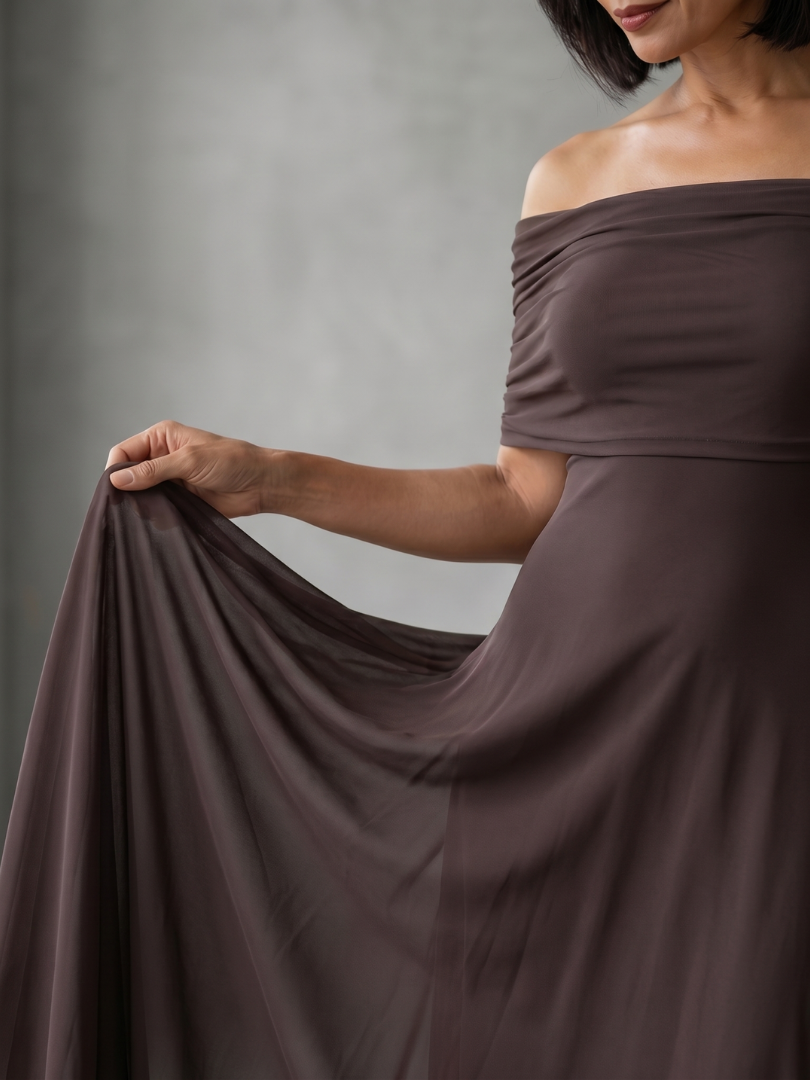 Poppy - Elegant Women's Wedding Guest Maxi Dress with Off-Shoulder Neckline