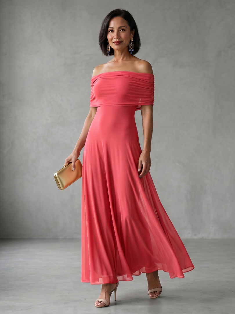 Poppy - Elegant Women's Wedding Guest Maxi Dress with Off-Shoulder Neckline