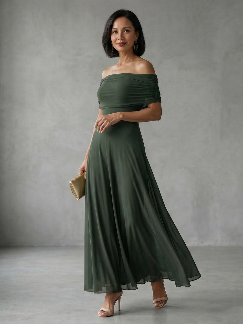 Poppy - Elegant Women's Wedding Guest Maxi Dress with Off-Shoulder Neckline