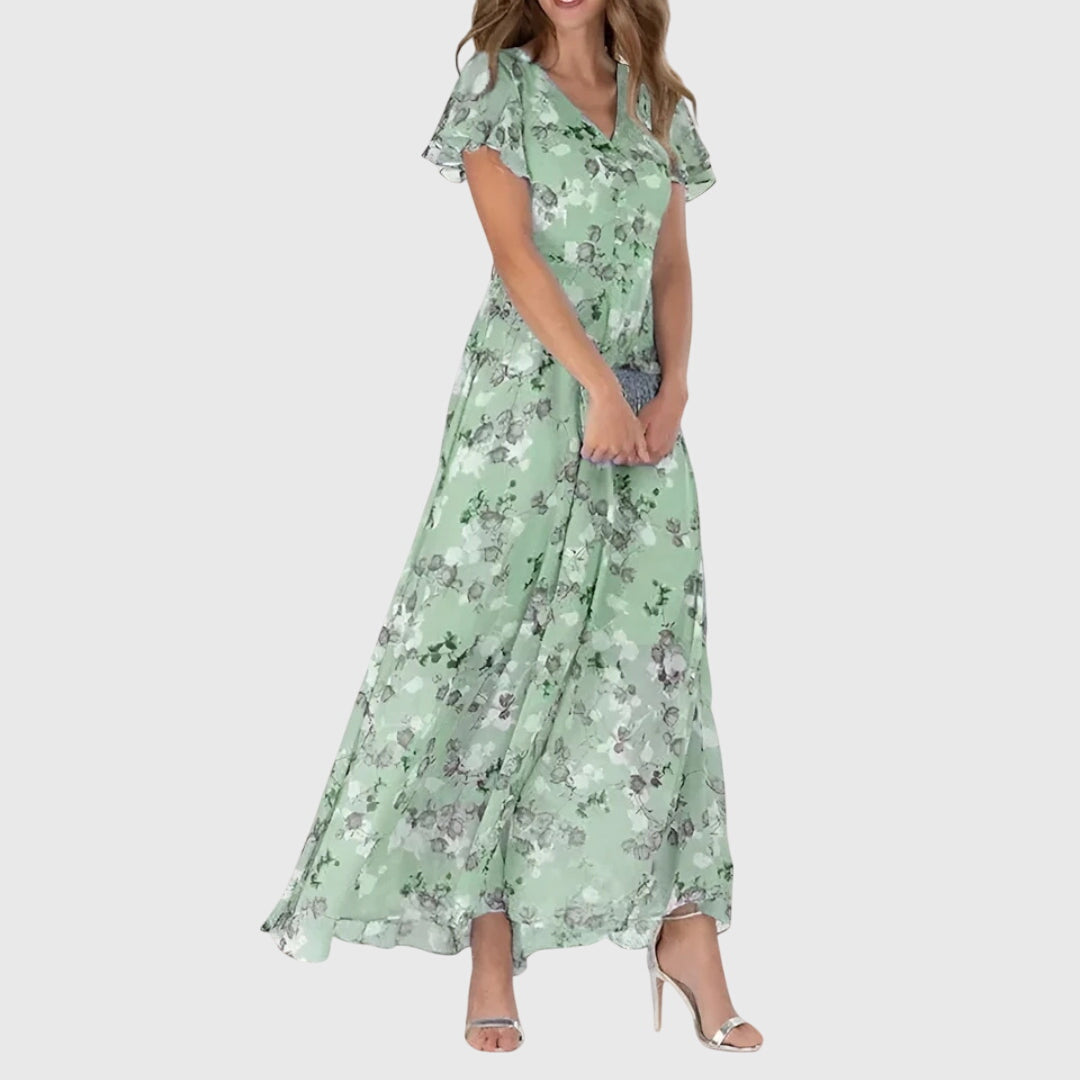 Poppy - Flowy Women's Summer Maxi Dress with V-Neck and Ruffle Sleeves