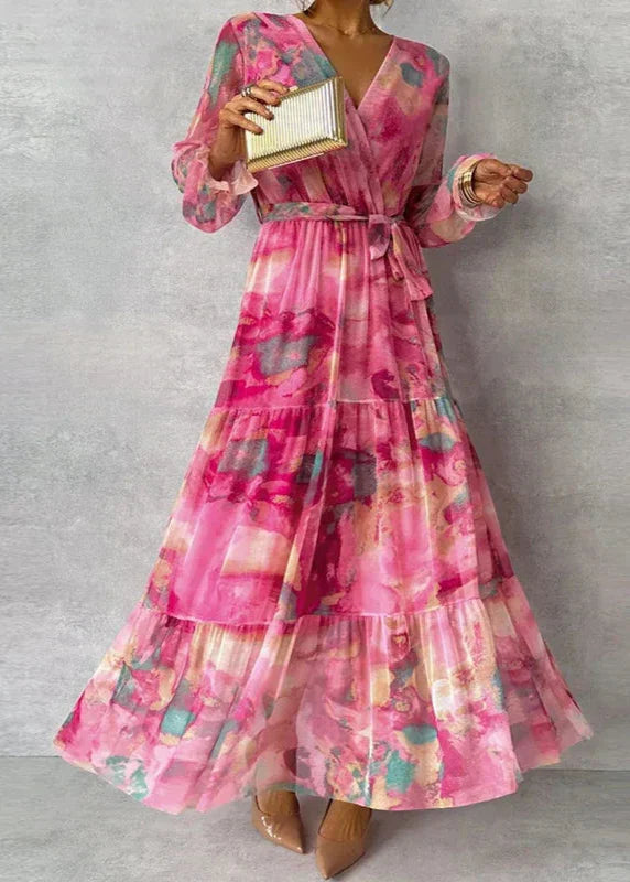 Poppy - Flowy Women's Wedding Guest Maxi Dress with Wrap Front and Long Sleeves