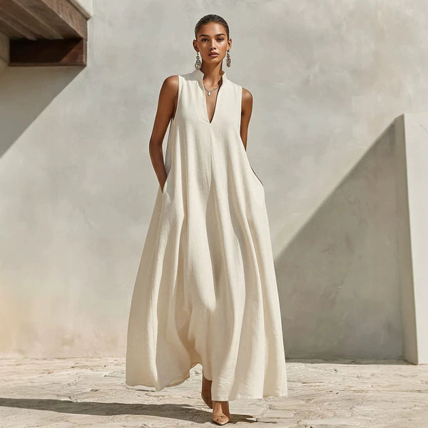 Poppy - Oversized Women's Linen Maxi Dress with V Neck and Pockets