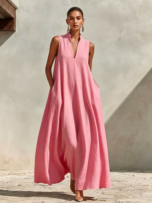 Poppy - Oversized Women's Linen Maxi Dress with V Neck and Pockets