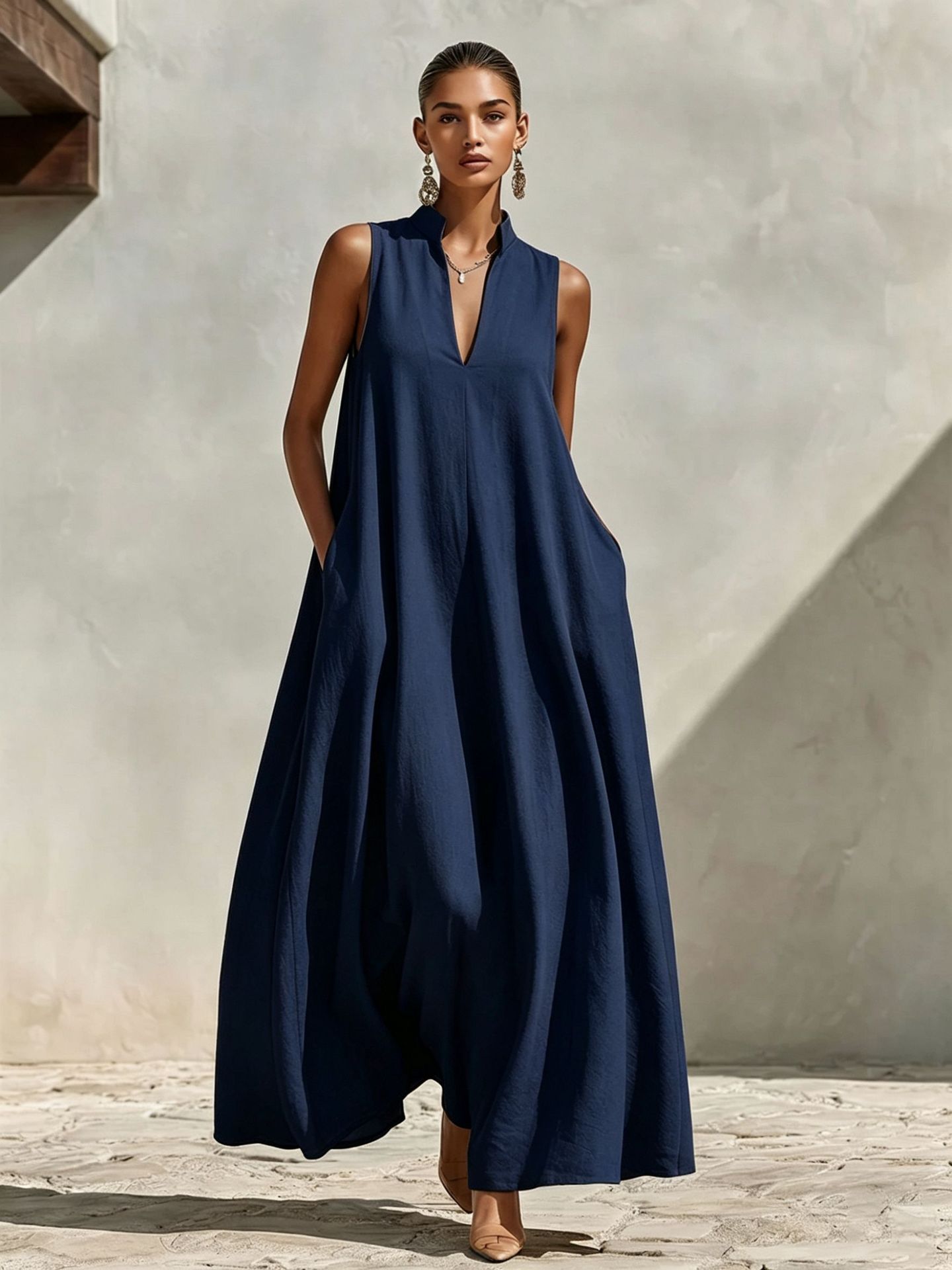 Poppy - Oversized Women's Linen Maxi Dress with V Neck and Pockets