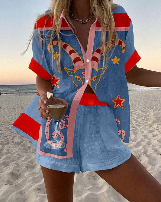 Poppy - Vintage Women's Linen Summer Set with Printed Shirt and Shorts