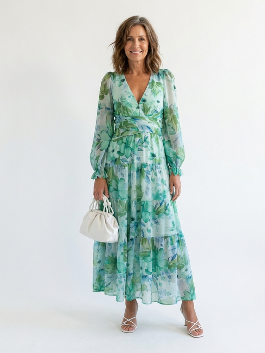 Poppy - Vintage Women's Maxi Dress with Wrap Front and Long Sleeves