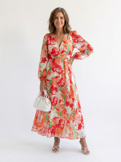 Poppy - Vintage Women's Maxi Dress with Wrap Front and Long Sleeves