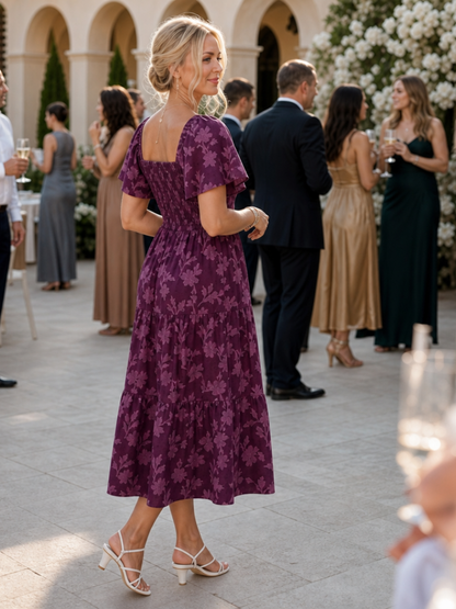 Poppy - Vintage Women's Wedding Guest Dress with Square Neckline and Puff Sleeves