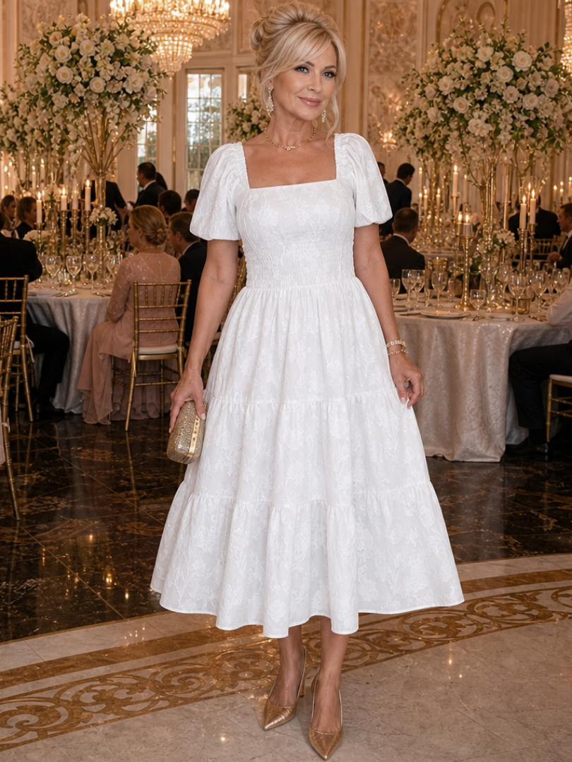 Poppy - Vintage Women's Wedding Guest Dress with Square Neckline and Puff Sleeves