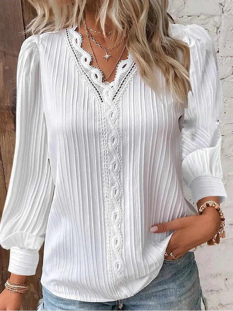 Poppy - Women's Comfort Long Sleeve Blouse with Lace Trim V Neck
