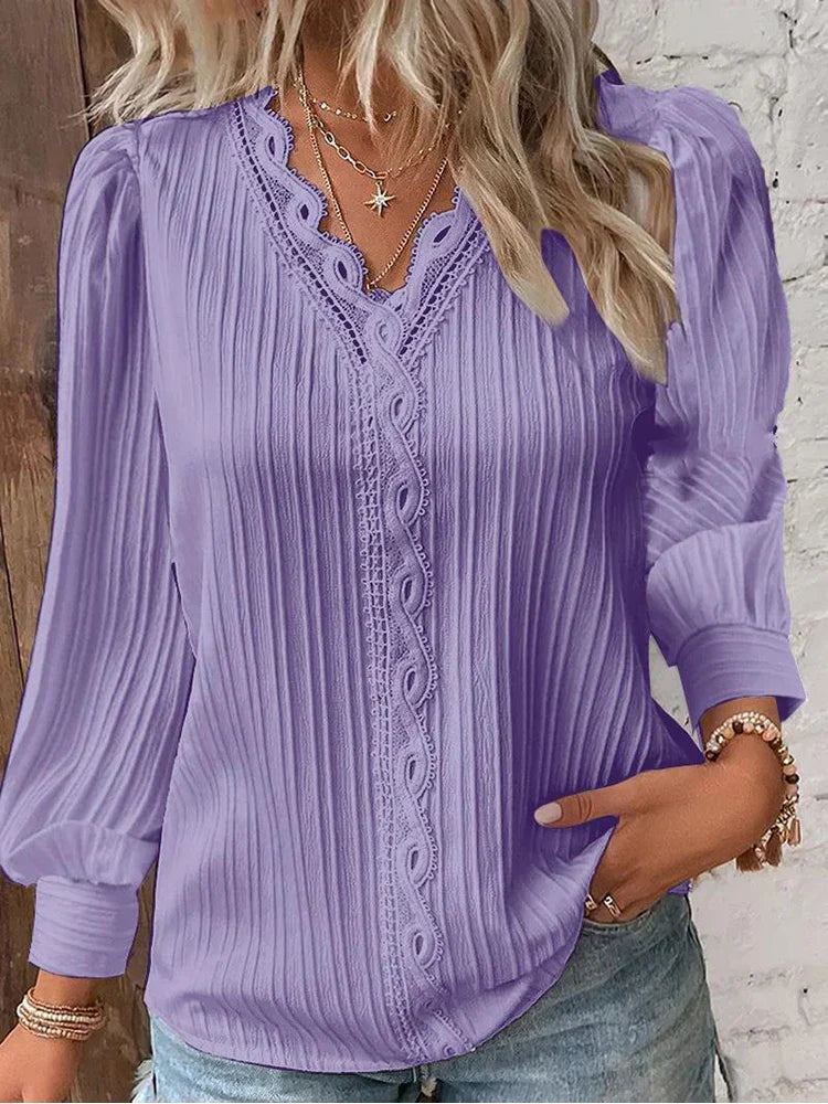 Poppy - Women's Comfort Long Sleeve Blouse with Lace Trim V Neck