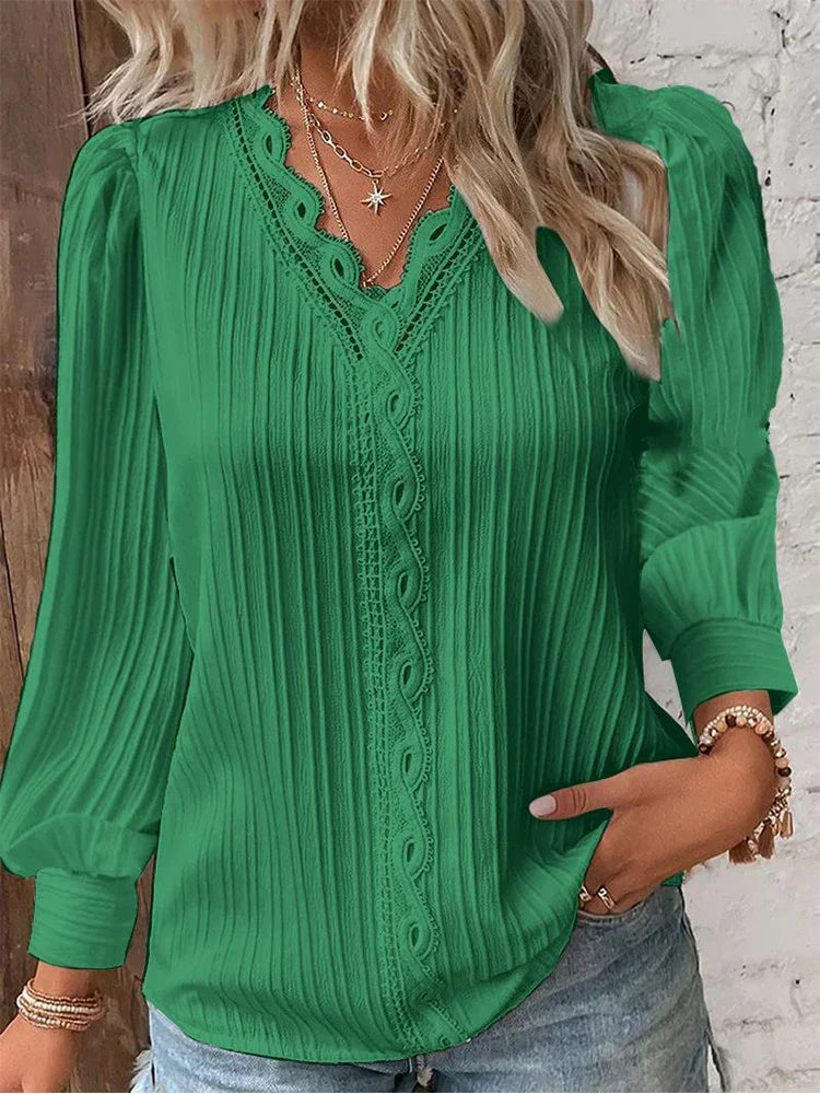 Poppy - Women's Comfort Long Sleeve Blouse with Lace Trim V Neck