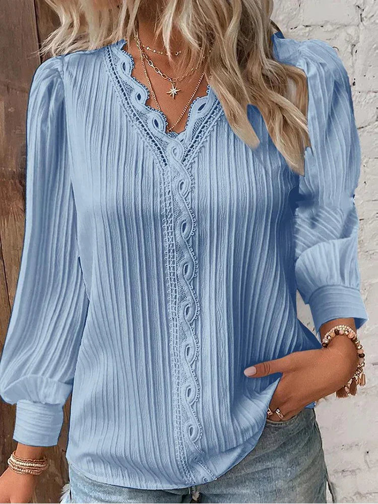Poppy - Women's Comfort Long Sleeve Blouse with Lace Trim V Neck