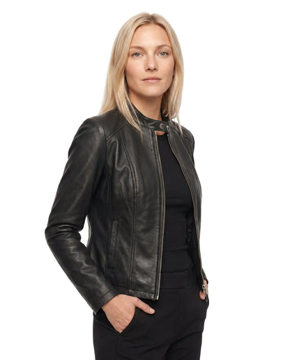 Poppy - Women's Leather Style Biker Jacket for Autumn with Zip Fastening and Collar