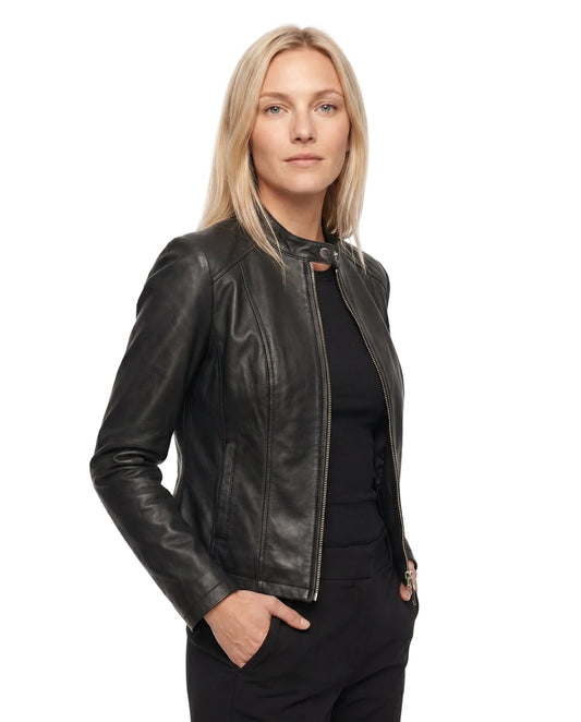 Poppy - Women's Leather Style Biker Jacket for Autumn with Zip Fastening and Collar