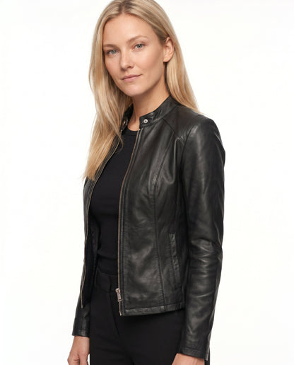 Poppy - Women's Leather Style Biker Jacket for Autumn with Zip Fastening and Collar