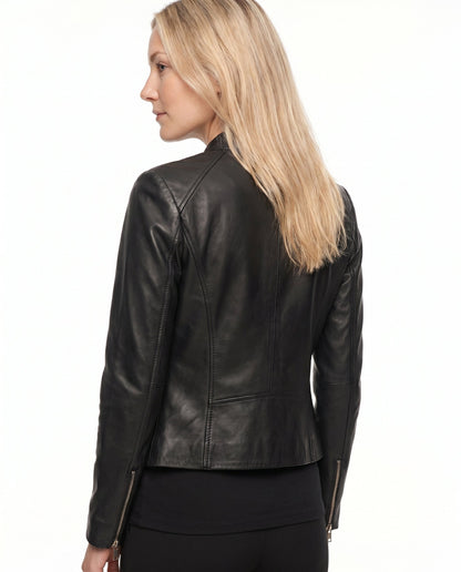 Poppy - Women's Leather Style Biker Jacket for Autumn with Zip Fastening and Collar