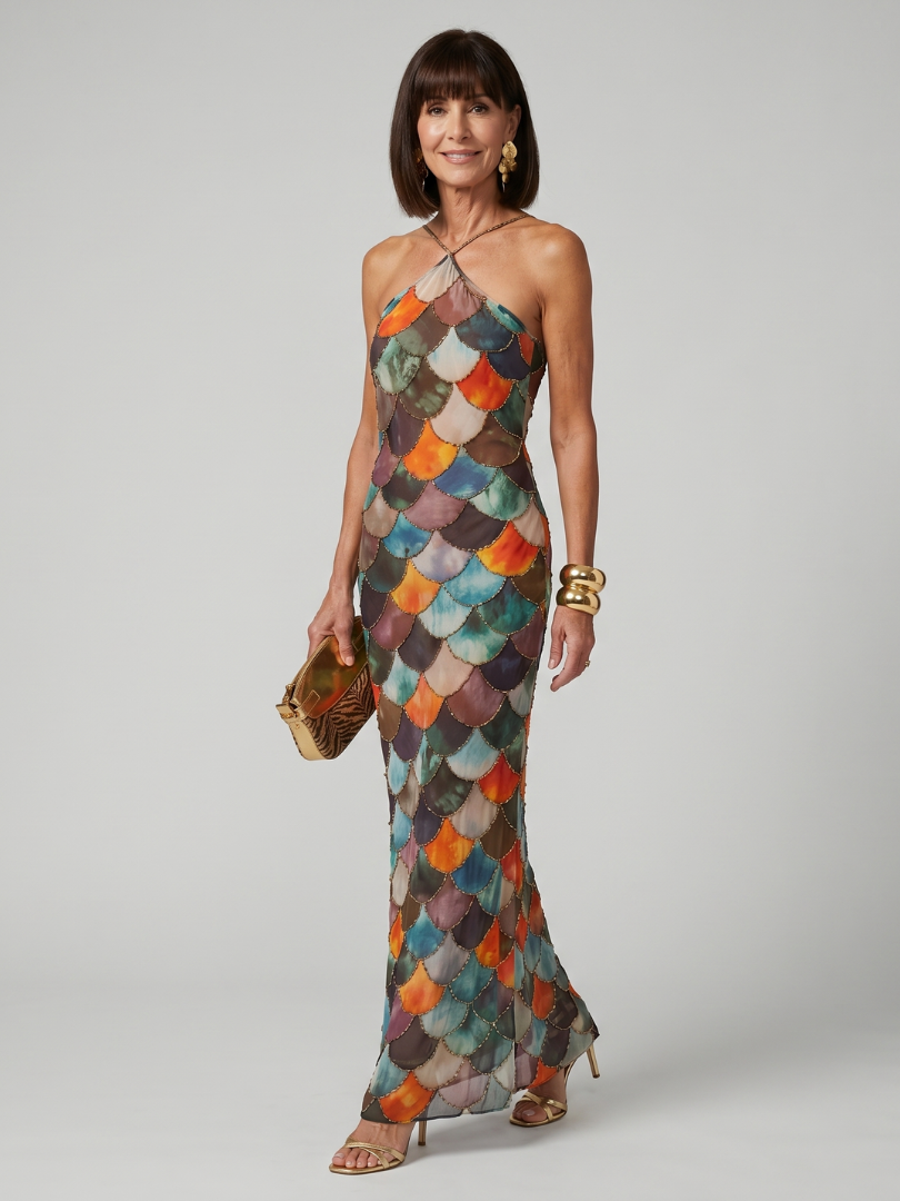 Rosie - Boho Women's Maxi Dress with Halter Neck and Scale Print