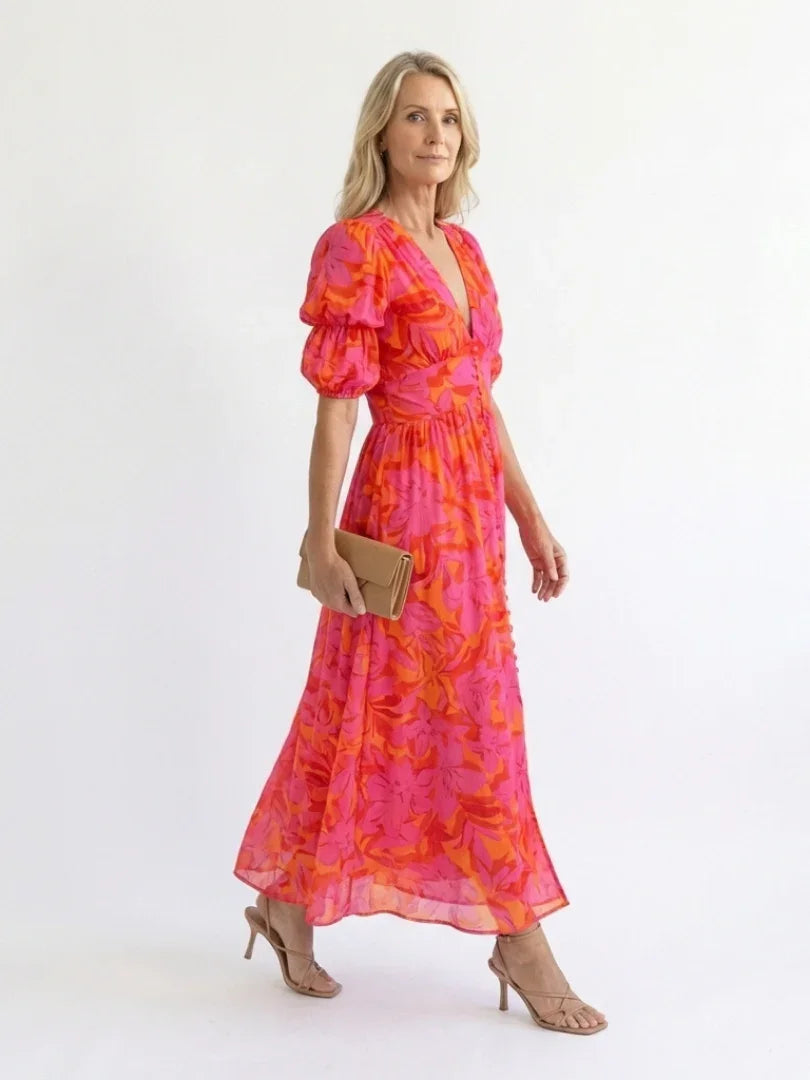 Rosie - Boho Women's Summer Maxi Dress with V-Neck and Puff Sleeves
