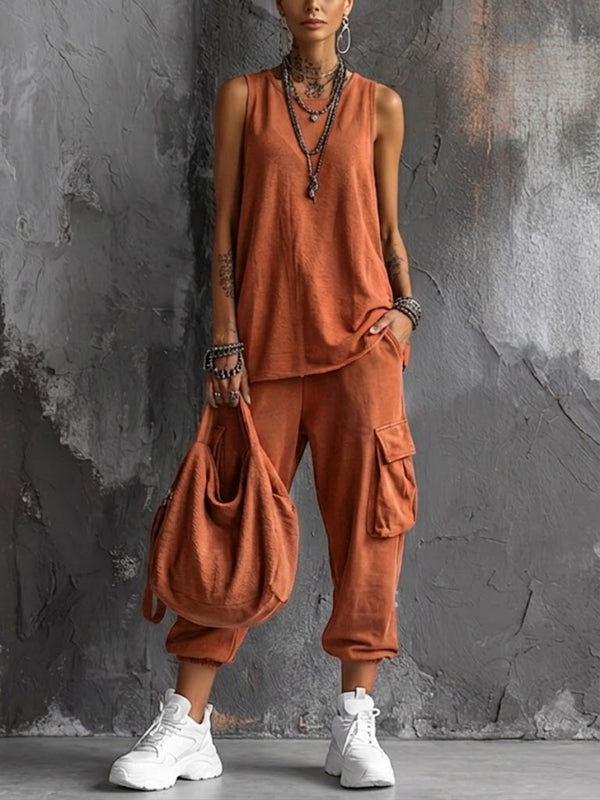 Rosie - Casual Women's Linen Set with Tank Top and Cargo Joggers
