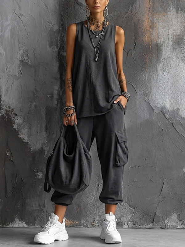 Rosie - Casual Women's Linen Set with Tank Top and Cargo Joggers