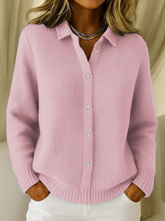 Rosie - Women's Knitted Cardigan for Autumn with Shirt Collar and Button Front