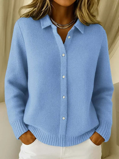 Rosie - Women's Knitted Cardigan for Autumn with Shirt Collar and Button Front