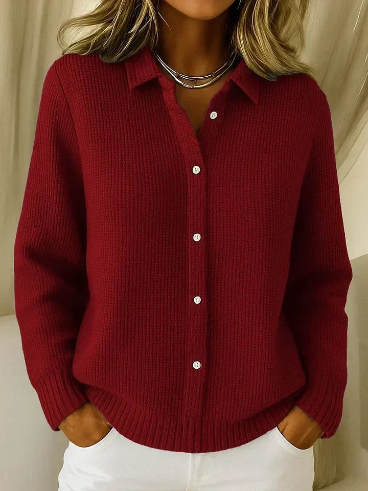 Rosie - Women's Knitted Cardigan for Autumn with Shirt Collar and Button Front
