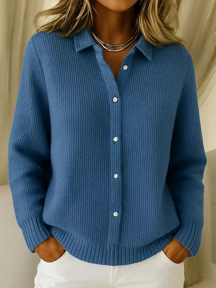 Rosie - Women's Knitted Cardigan for Autumn with Shirt Collar and Button Front