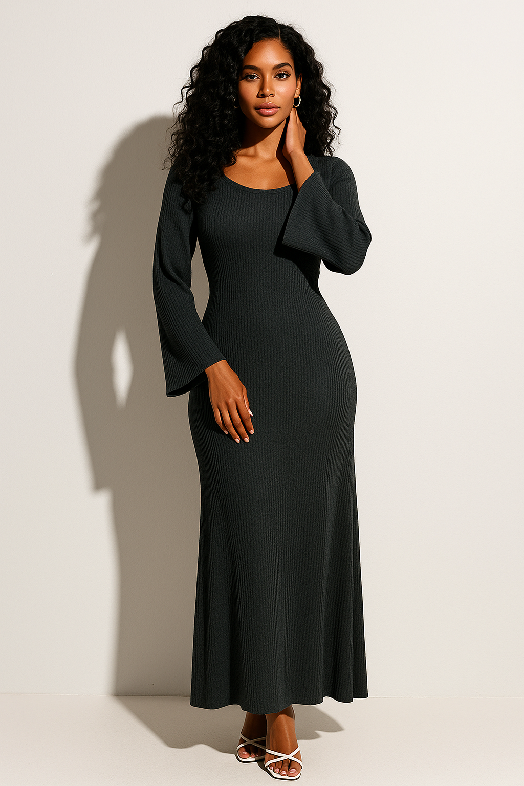 Rosie - Women's Wedding Guest Dress Autumn Ribbed Knit Maxi with Scoop Neck