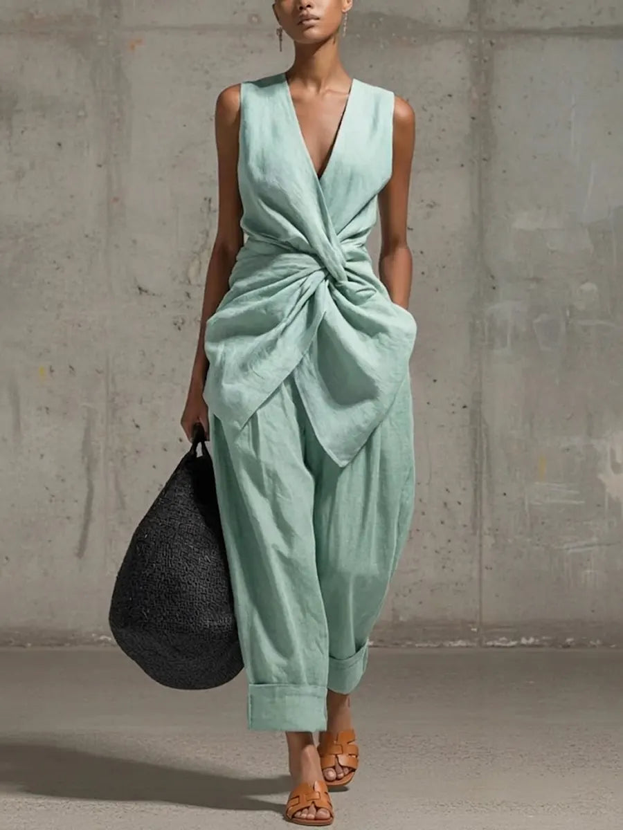 Ruby - Elegant Women's Linen Set with Twist Front and Balloon Trousers