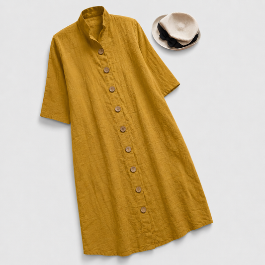 Ruby - Vintage Women's Linen Dress with Stand Collar and Button Front