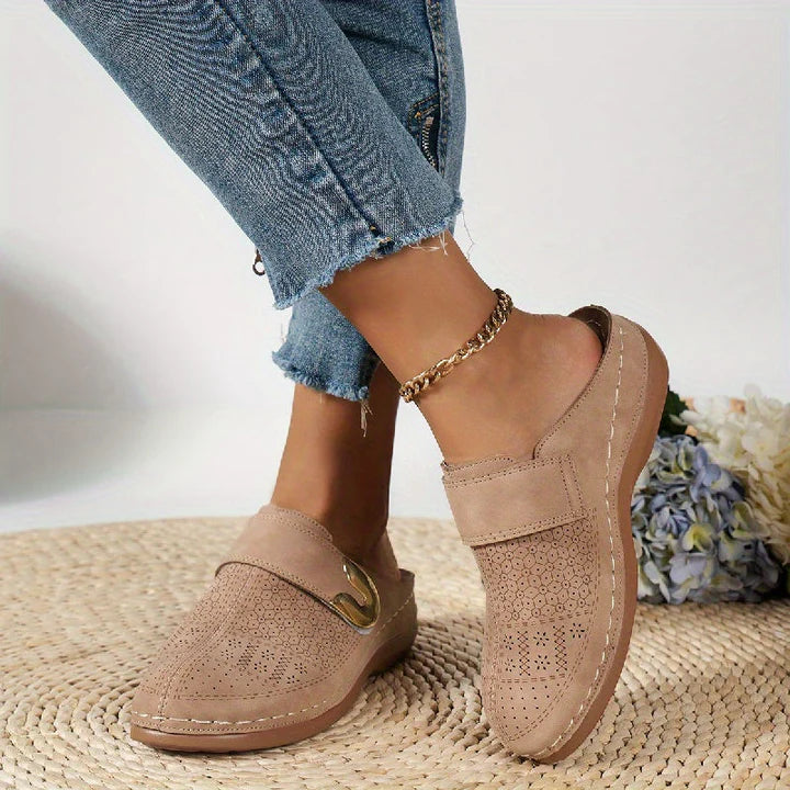 Sadie - Casual Women's Comfort Sandals with Perforated Upper and Gold Buckle Detail