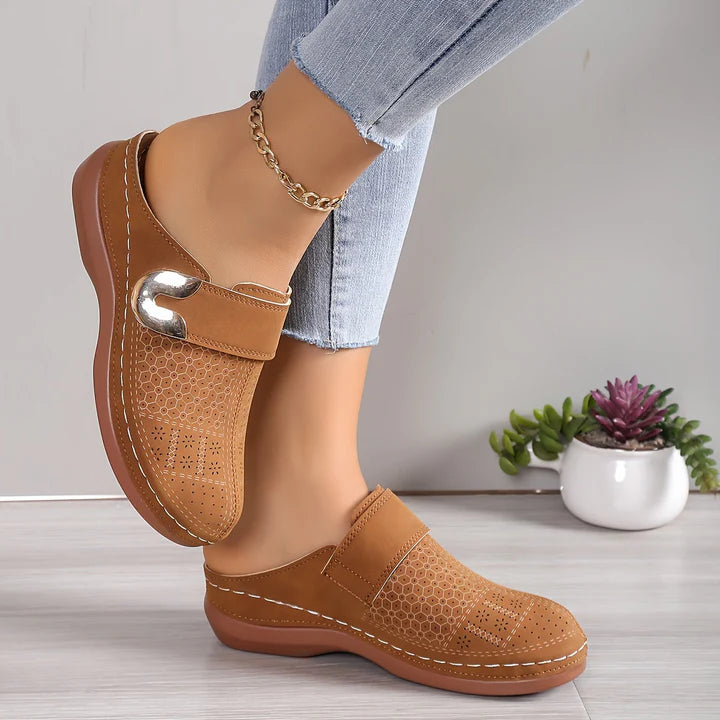 Sadie - Casual Women's Comfort Sandals with Perforated Upper and Gold Buckle Detail