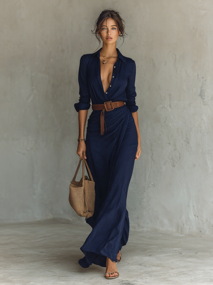 Sadie - Casual Women's Maxi Dress with Deep V Neck and Belted Waist