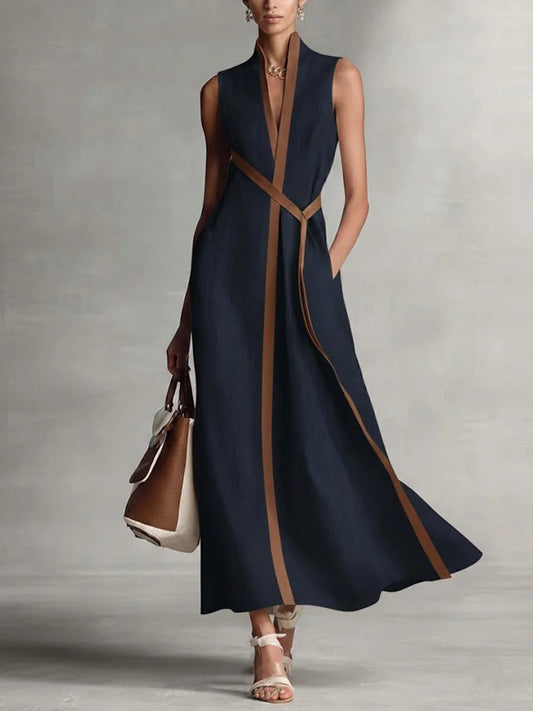 Seraphina - Elegant Women's Linen Maxi Dress with Contrast Trim and Belted Waist