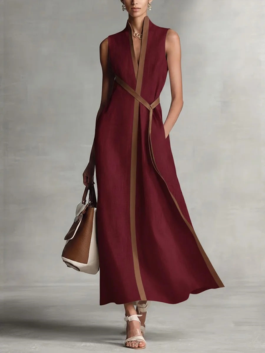 Seraphina - Elegant Women's Linen Maxi Dress with Contrast Trim and Belted Waist